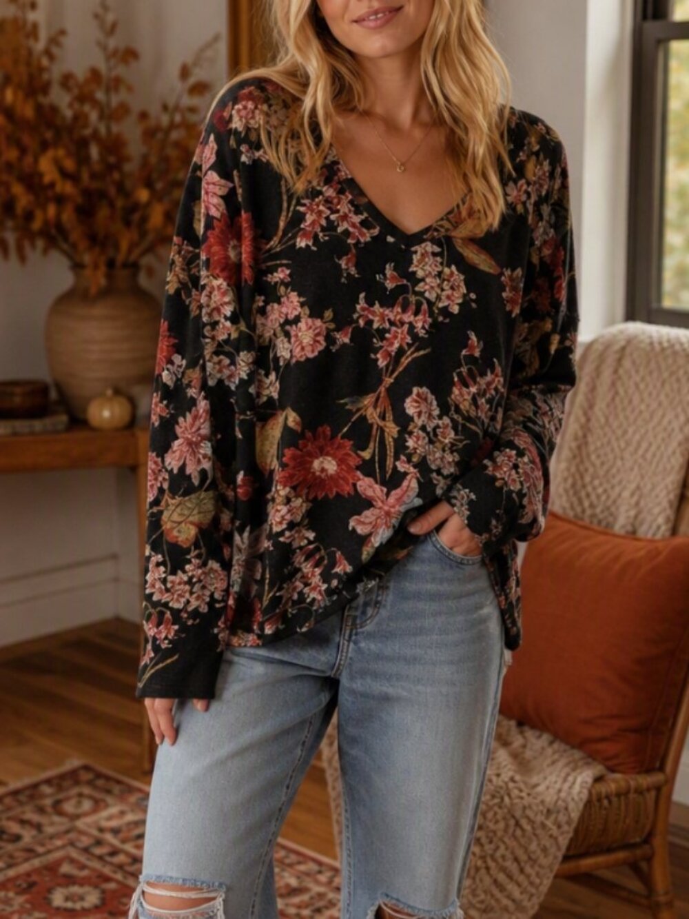 Well Worn Charcoal Floral Knit Top Shirt L Relaxed Oversized Cottagecore Boho